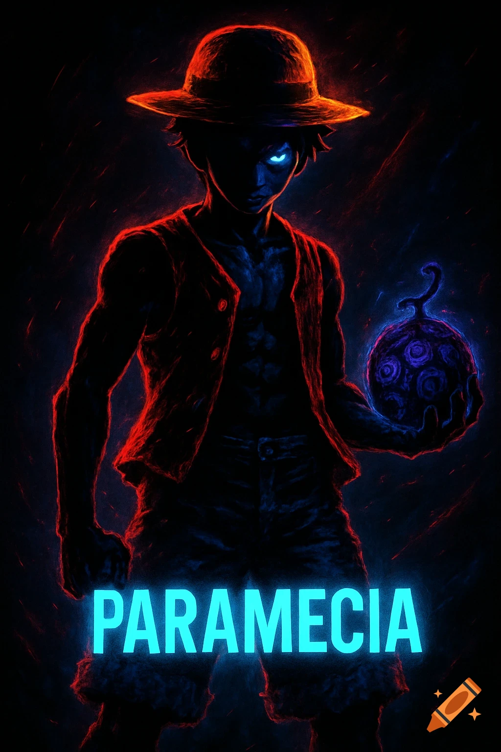 Stylized dark silhouette of Monkey D. Luffy with blue glowing eyes and red highlights, holding a glowing purple fruit, with 'PARAMECIA' text.