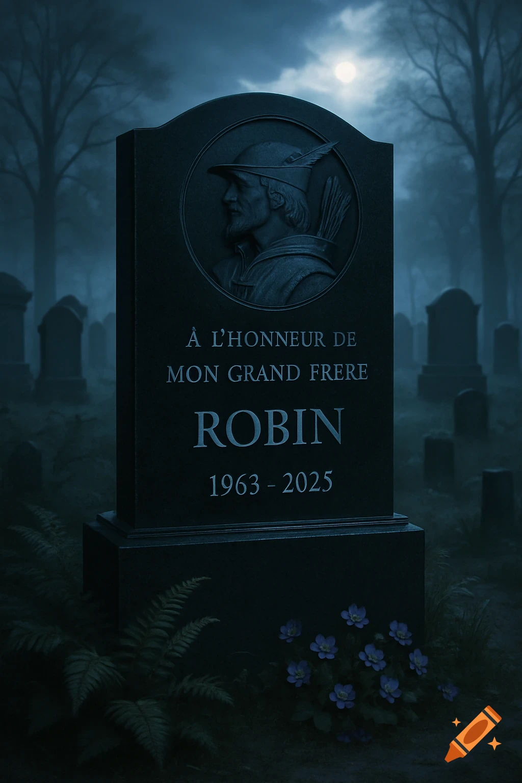 A dark, misty graveyard at night, with a prominent tombstone featuring a bas-relief of Robin Hood and an inscription.