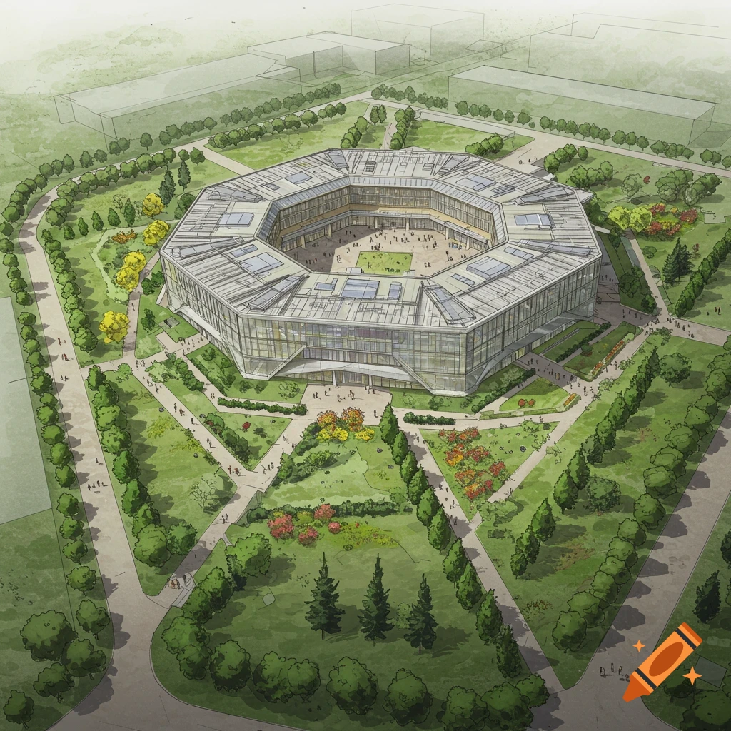 An aerial architectural concept drawing of a large octagonal building surrounded by green lawns, trees, and walking paths.