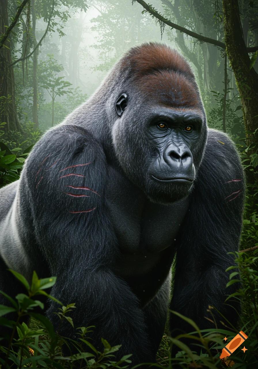 A realistic, powerful silverback gorilla with red battle scars stands in a dense, misty jungle.