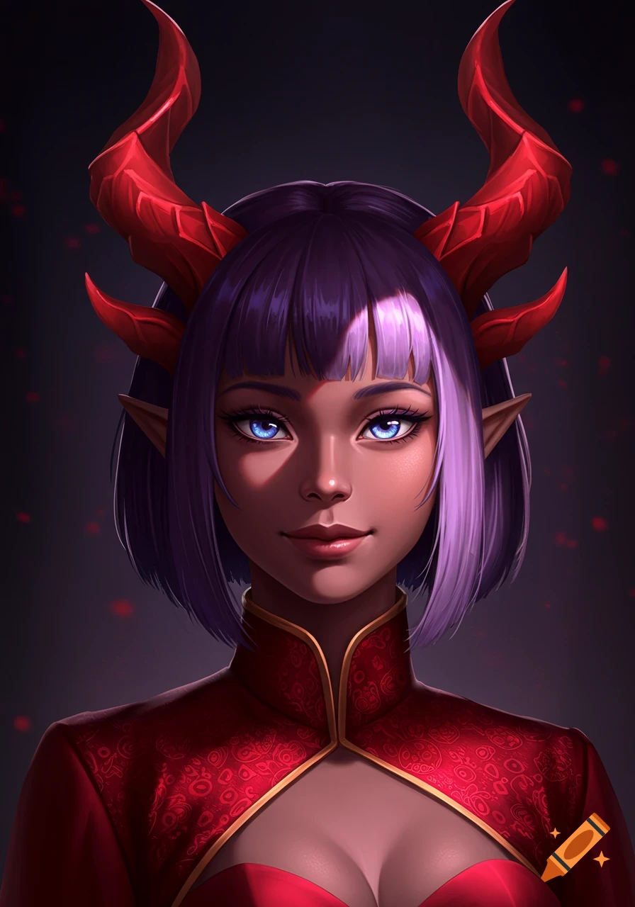 Anime-style digital art portrait of a dark-skinned woman with blue eyes, purple hair, and large red dragon horns, wearing a red dress, with a shadow over half her face.