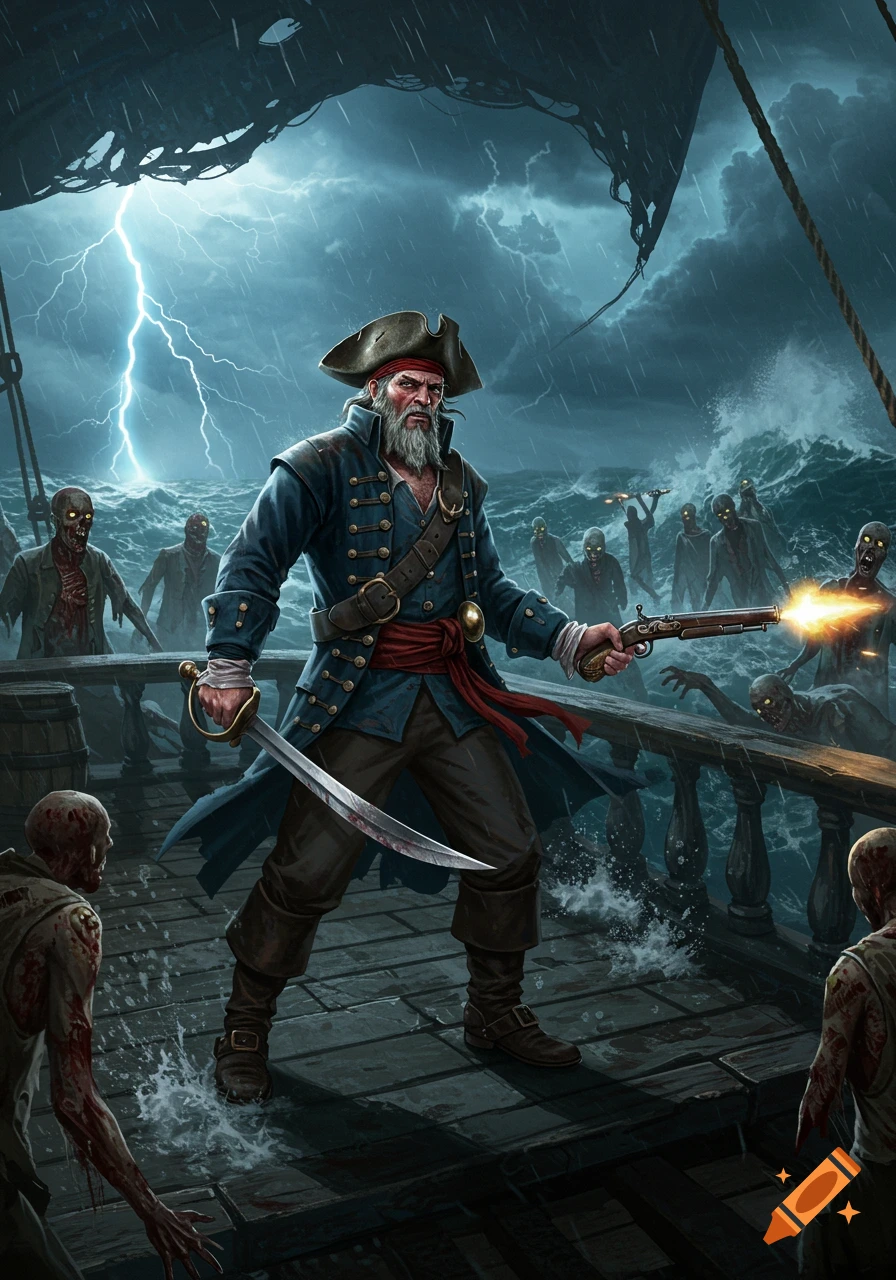 An old pirate battles zombies on a ship deck during a stormy night with lightning.
