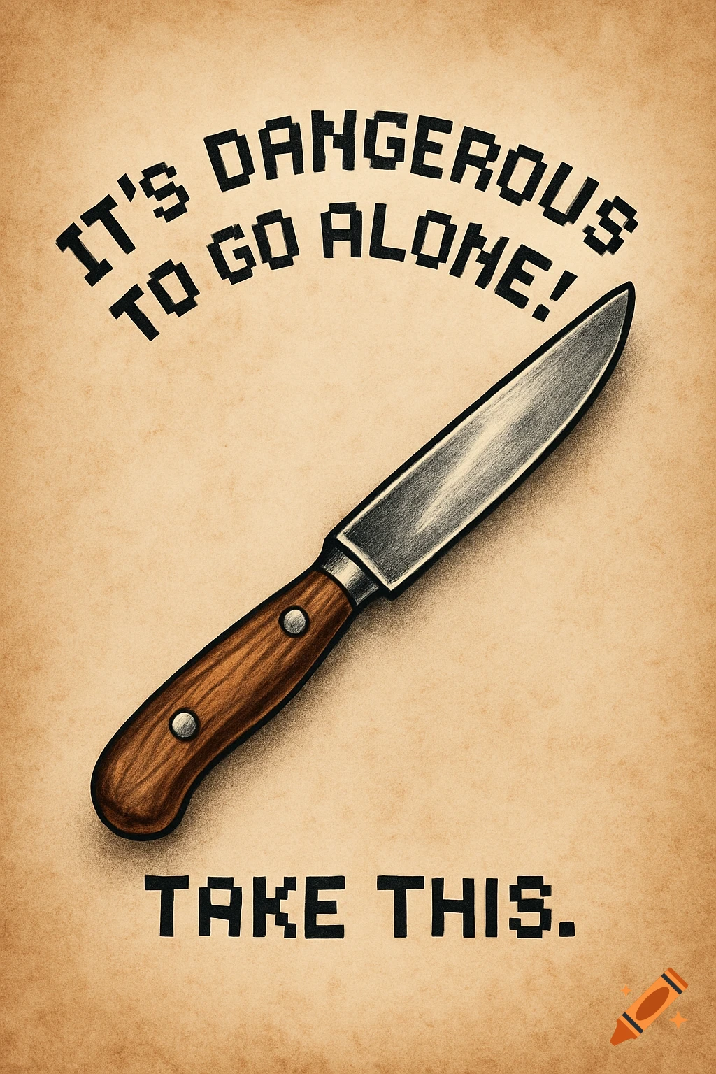 Stylized illustration of a knife on parchment with pixelated text 'IT'S DANGEROUS TO GO ALONE! TAKE THIS.'