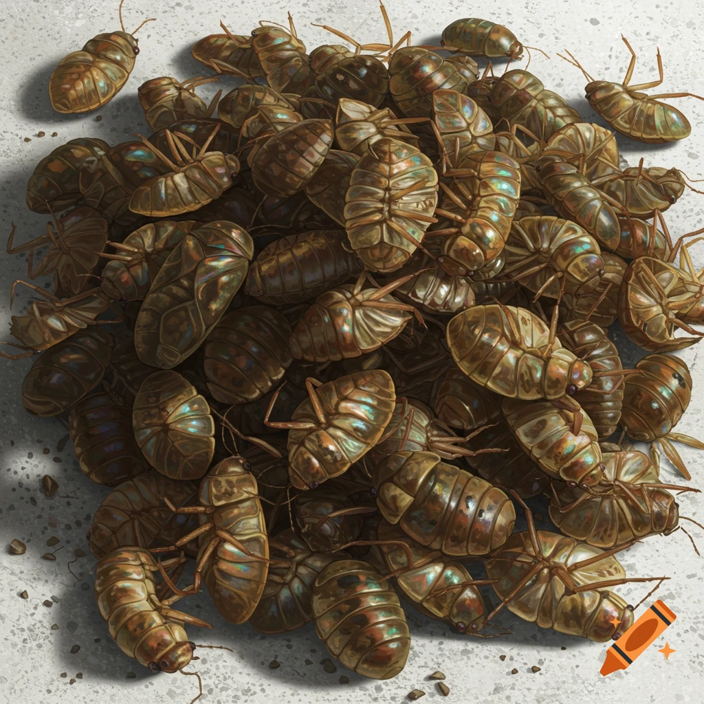 A close-up, top-down view of a large pile of dead, brown bedbugs on a light-colored, textured surface.