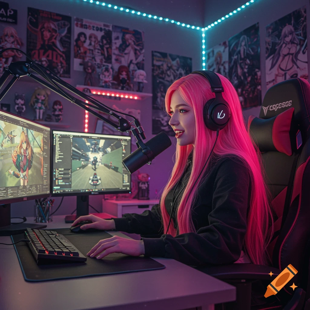 A female streamer with long pink hair and headphones sits at a desk with two monitors, a microphone, and a keyboard, in a room with anime posters and LED lights.