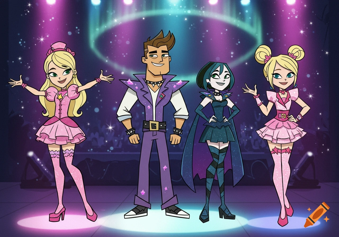 Four animated characters, two women in pink, one man in purple, and one woman in dark blue, pose in sparkly stage outfits on a brightly lit stage.