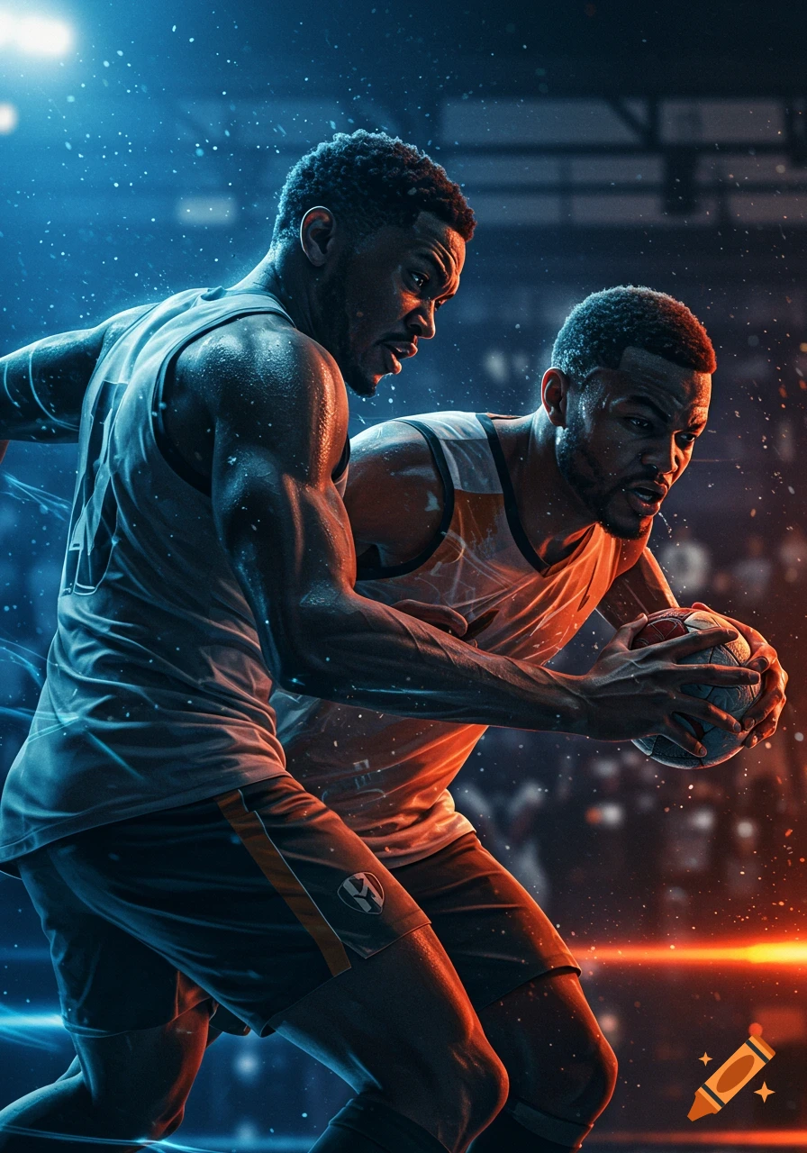 Two basketball players intensely competing for the ball on a court, illuminated by dramatic blue and orange light.