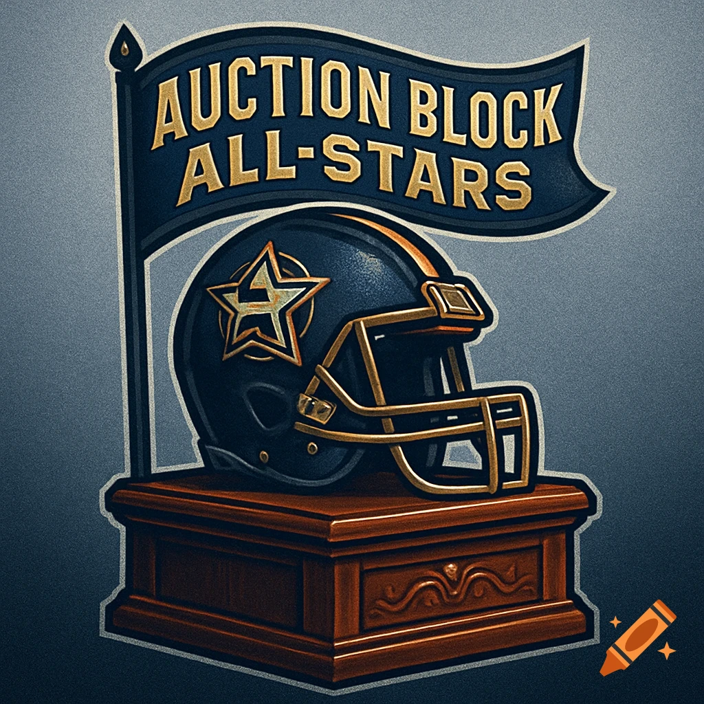 A fantasy football logo featuring a dark blue football helmet with a gold star on a wooden auction block, with a flag above reading 'Auction Block All-Stars'.