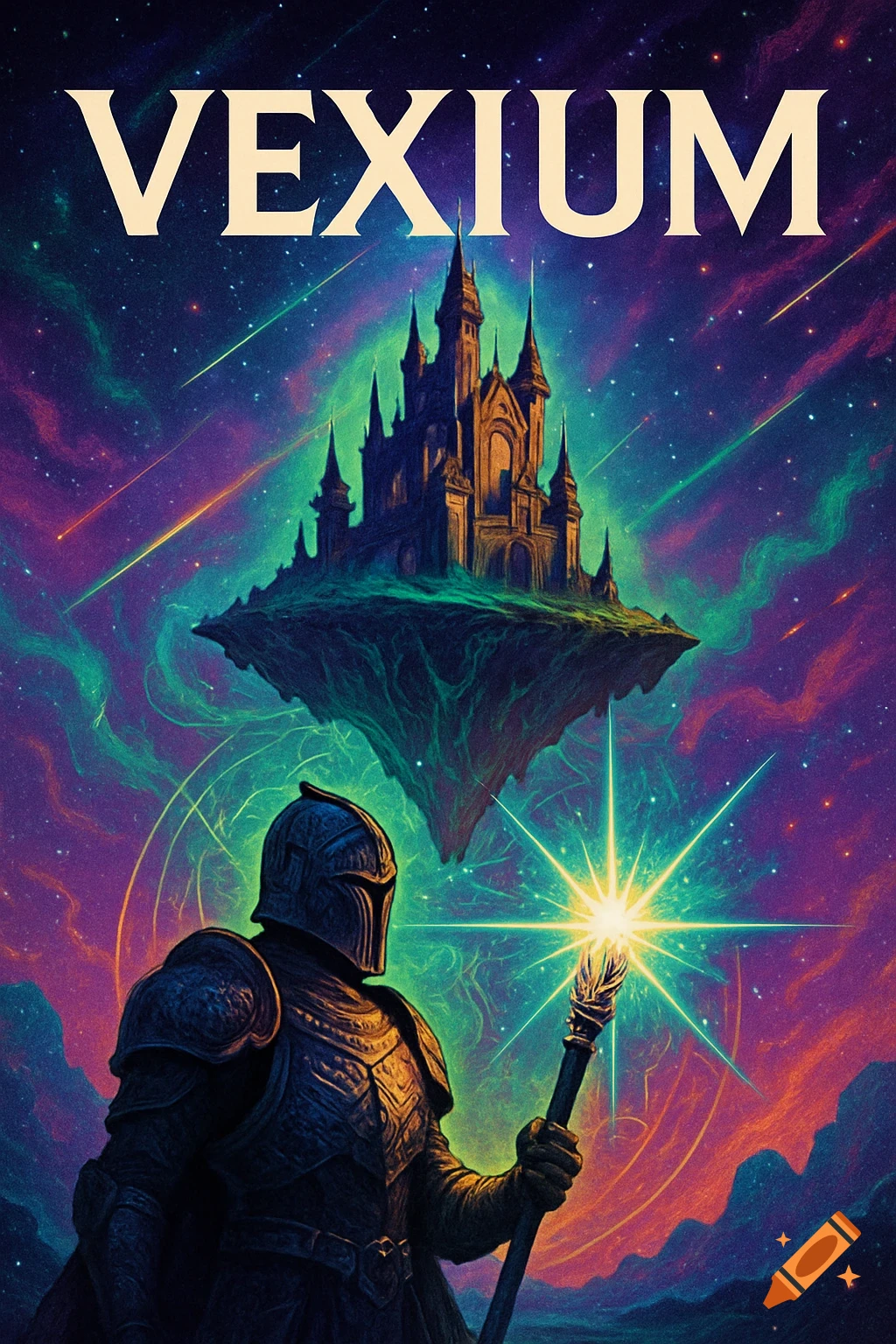 A knight in armor holds a glowing staff, looking at a floating castle in a vibrant cosmic sky, with 'VEXIUM' title.