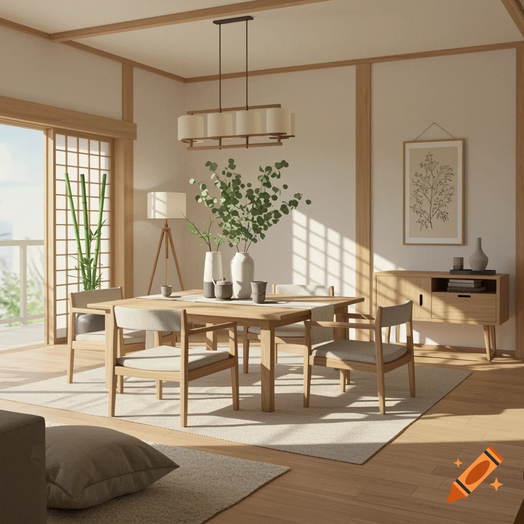A minimalist Japandi-style dining room with wooden furniture, plants, and a botanical print. Sunlight streams through a large window.