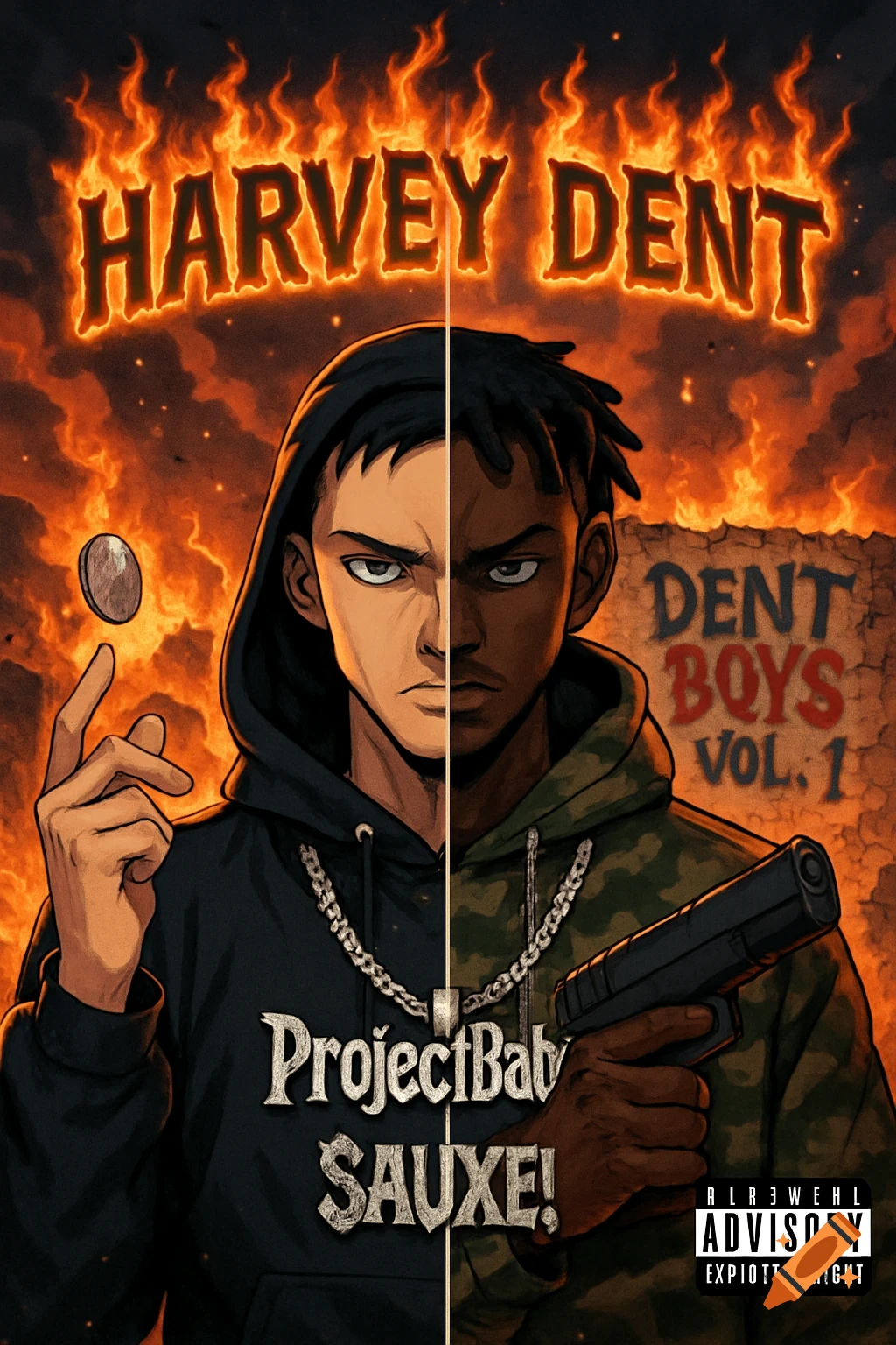 An anime-style album cover featuring a male character split down the middle; half wears a black hoodie holding a coin, the other half a camo hoodie holding a pistol. Text 'Harvey Dent' in flames is at the top, and 'Dent Boys Vol. 1' is on a broken wall in the burning background.