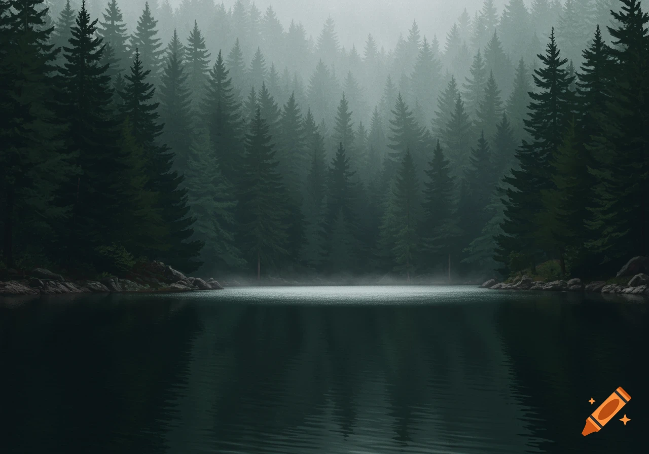 A dark, still lake in front of a dense, misty forest of pine trees.