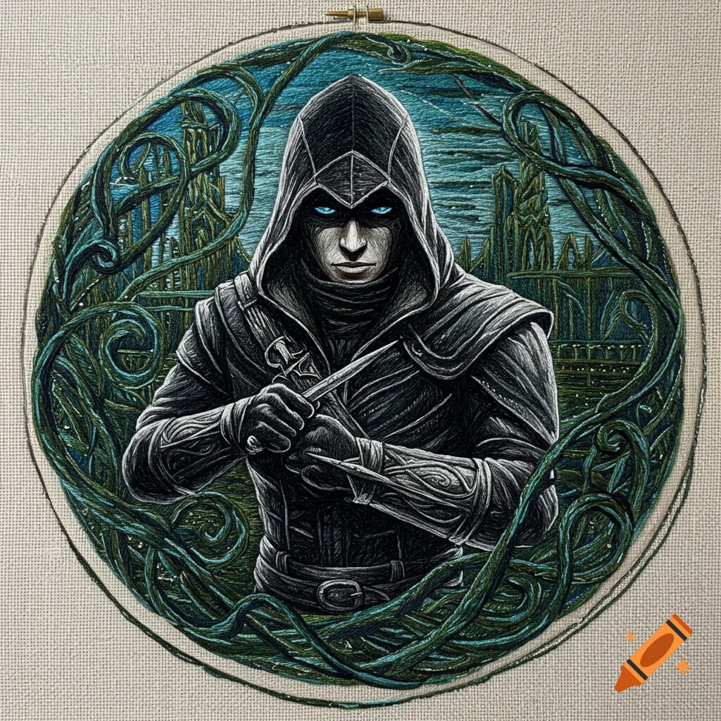 Embroidery of a hooded assassin with glowing blue eyes, holding a blade, surrounded by intertwining green vines.
