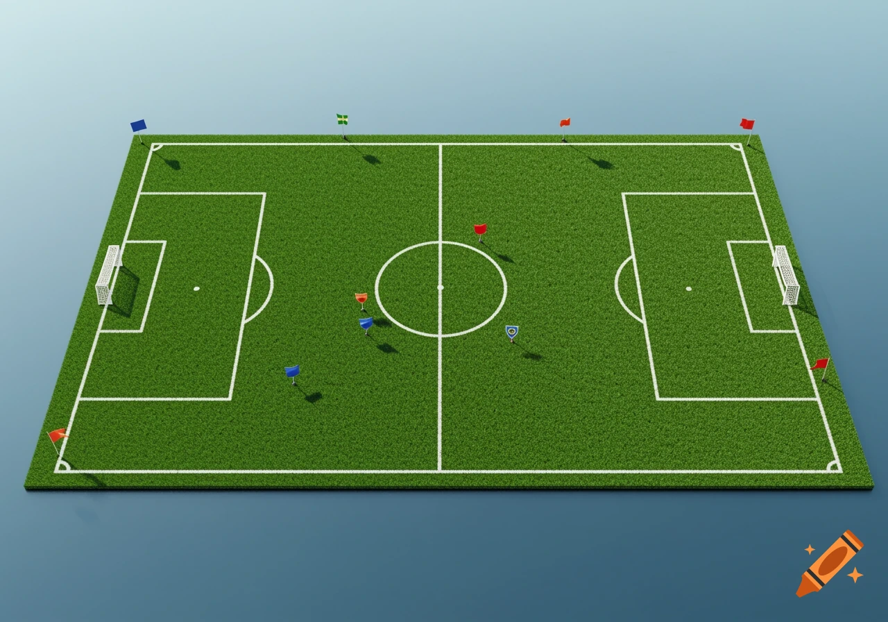 Top-down view of a miniature soccer field with goals, white lines, colorful flags, and green grass.
