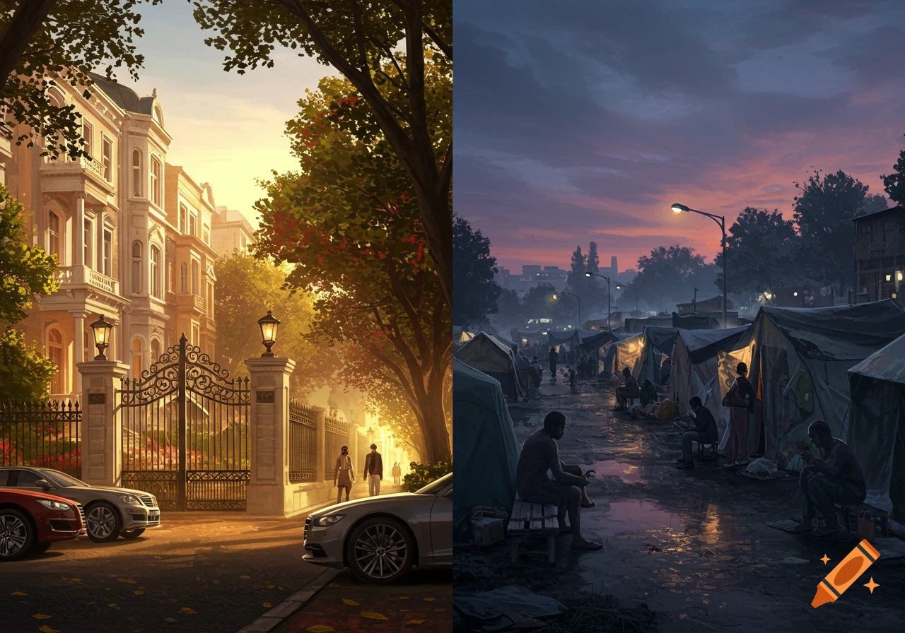 A split-panel image showing a grand mansion and luxury cars on a sunny day, contrasted with a shadowy tent city with people at dusk.