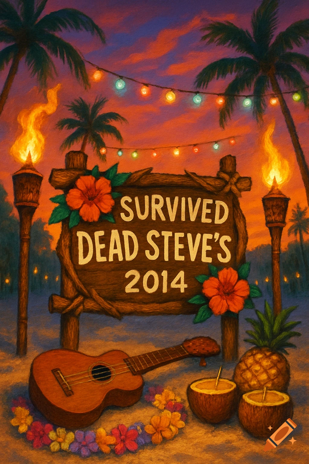 A Hawaiian luau scene at sunset with palm trees, tiki torches, string lights, and a sign reading "SURVIVED DEAD STEVE'S 2014", with a ukulele and coconuts in the foreground.
