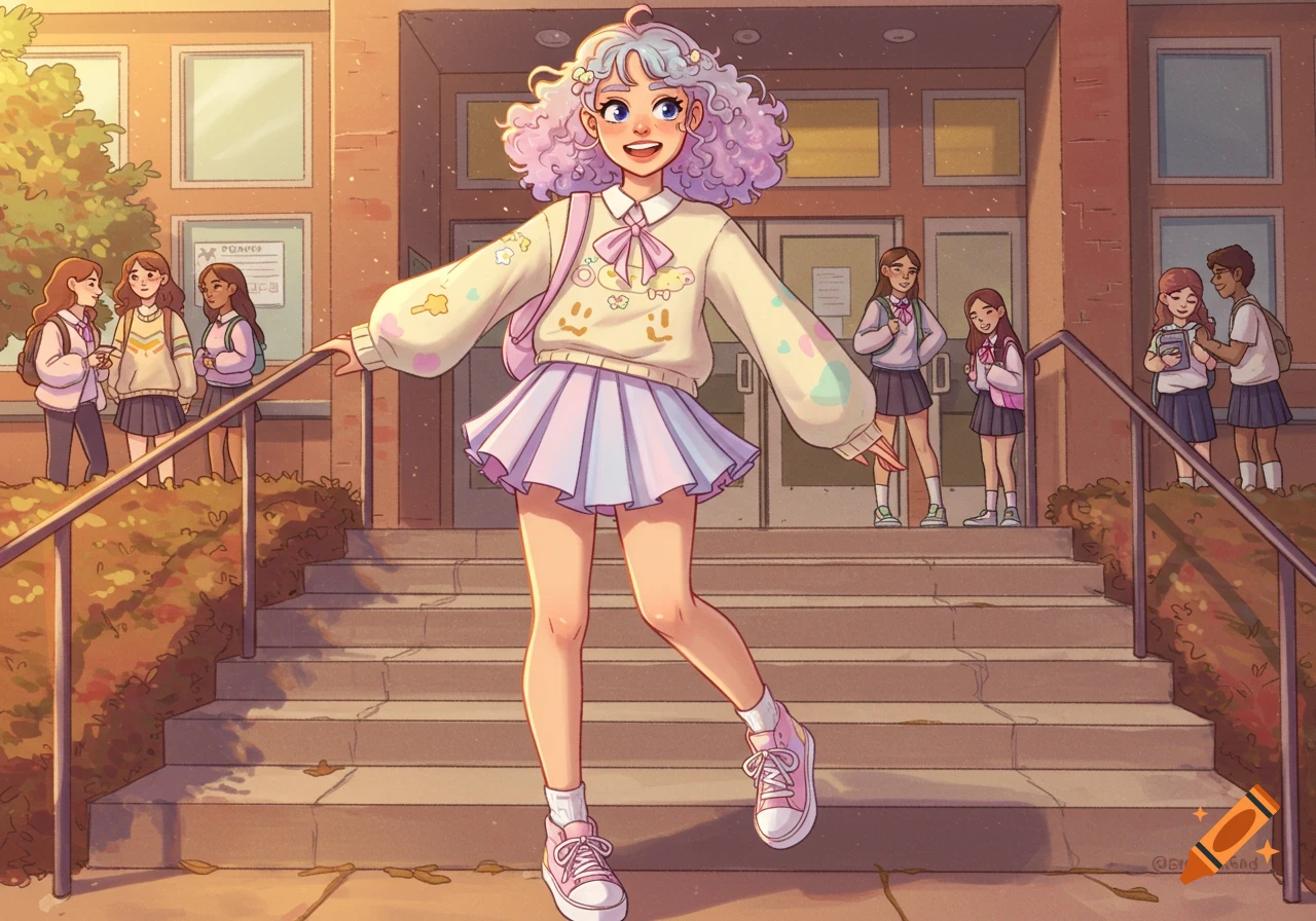 An anime-style illustration of a smiling high school girl in a sweater and pleated skirt standing on steps in front of a school building.