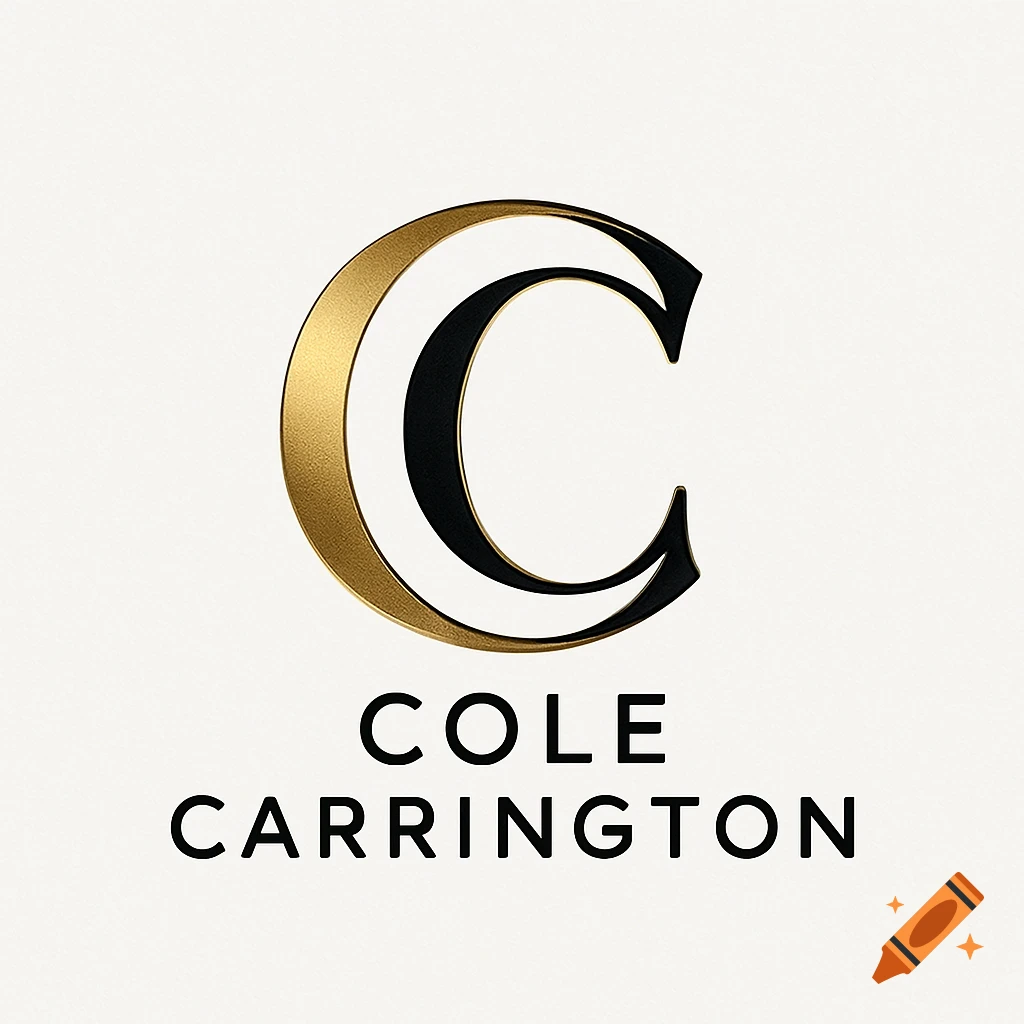 A minimalist logo with an intertwined gold and black letter 'C' above the black text 'COLE CARRINGTON' on a white background.