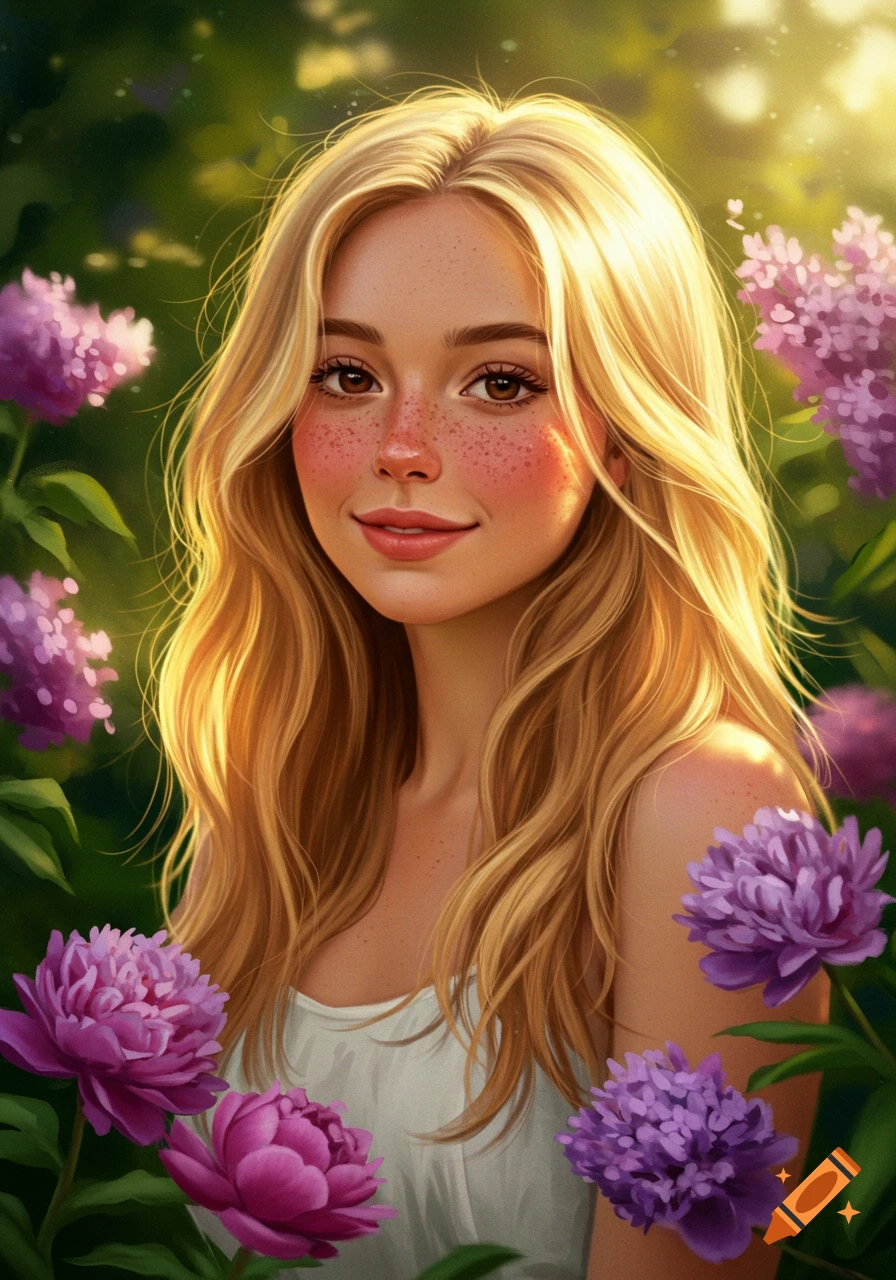 A digital painting of a smiling young woman with long blonde hair and freckles, surrounded by purple flowers in a sunlit garden.