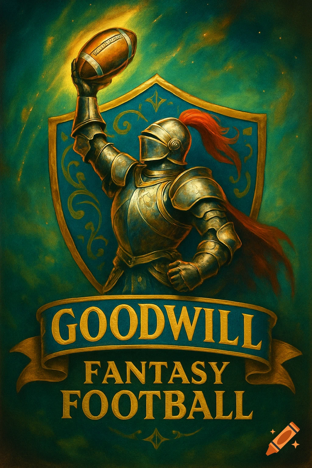 A digital art poster featuring a knight in armor holding a football triumphantly, with a shield background. A banner below reads "GOODWILL FANTASY FOOTBALL".