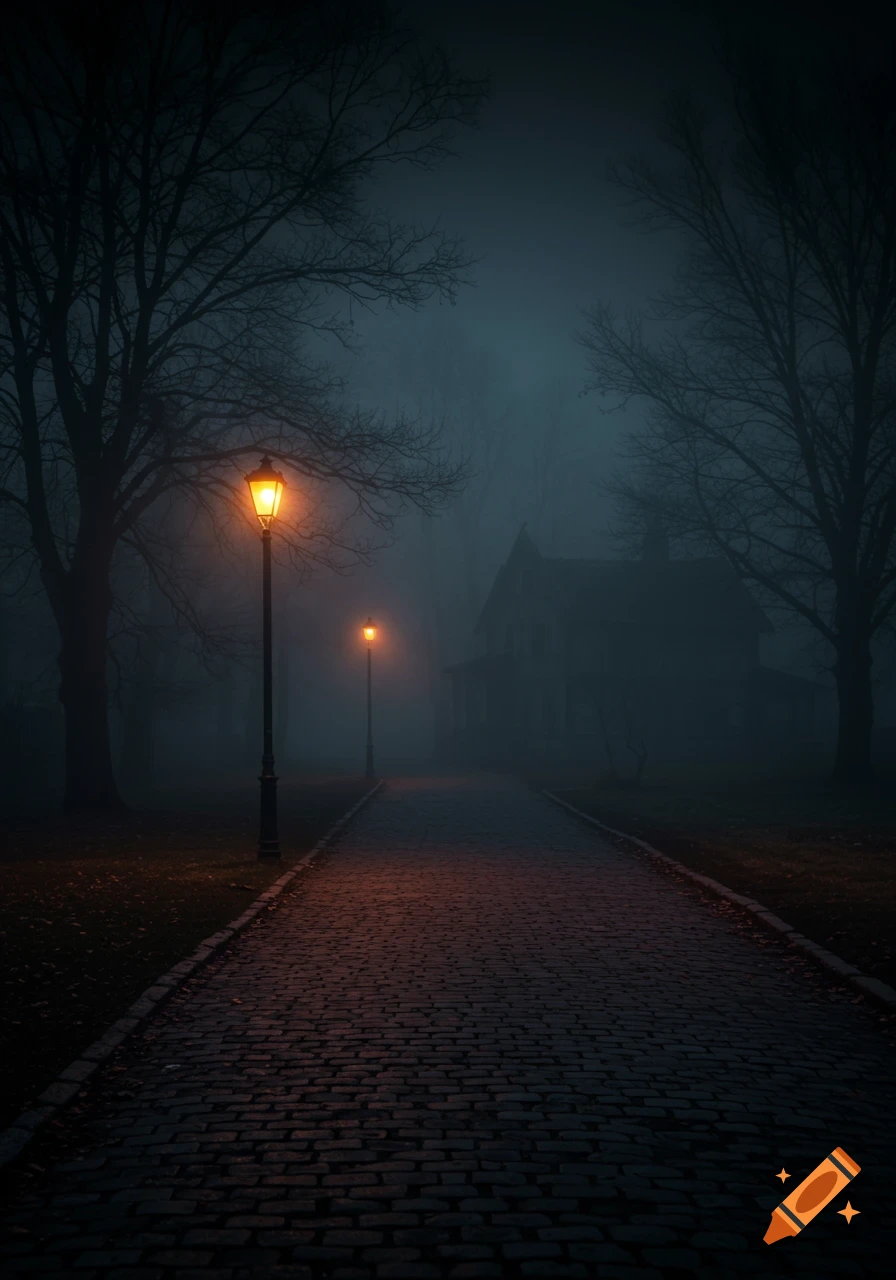 A foggy, cobbled street at night with glowing streetlamps, leading to an ominous, obscured house through bare trees. Photorealistic.