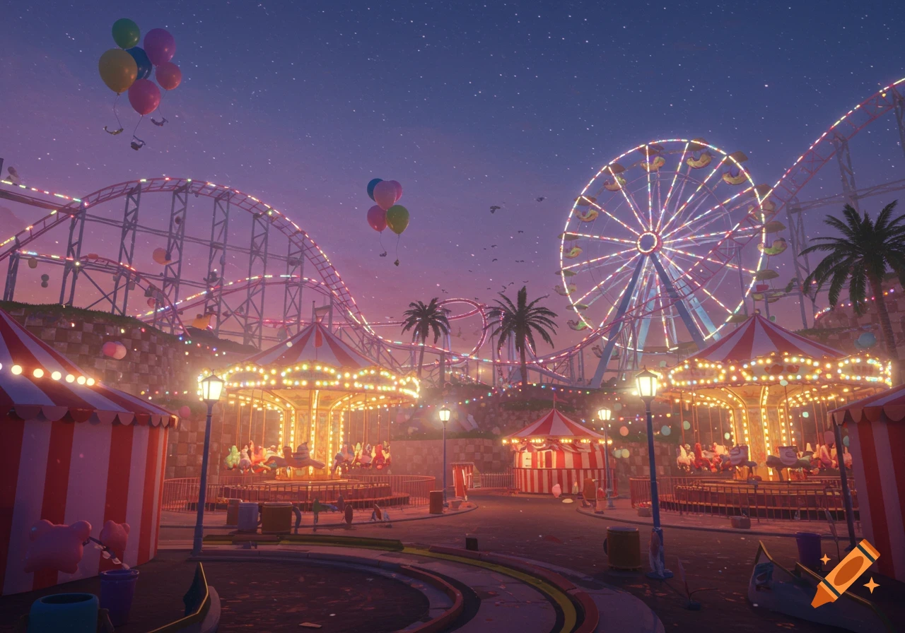 A vibrant amusement park at night, featuring a brightly lit Ferris wheel, roller coasters, carousels, and palm trees under a starry purple sky.