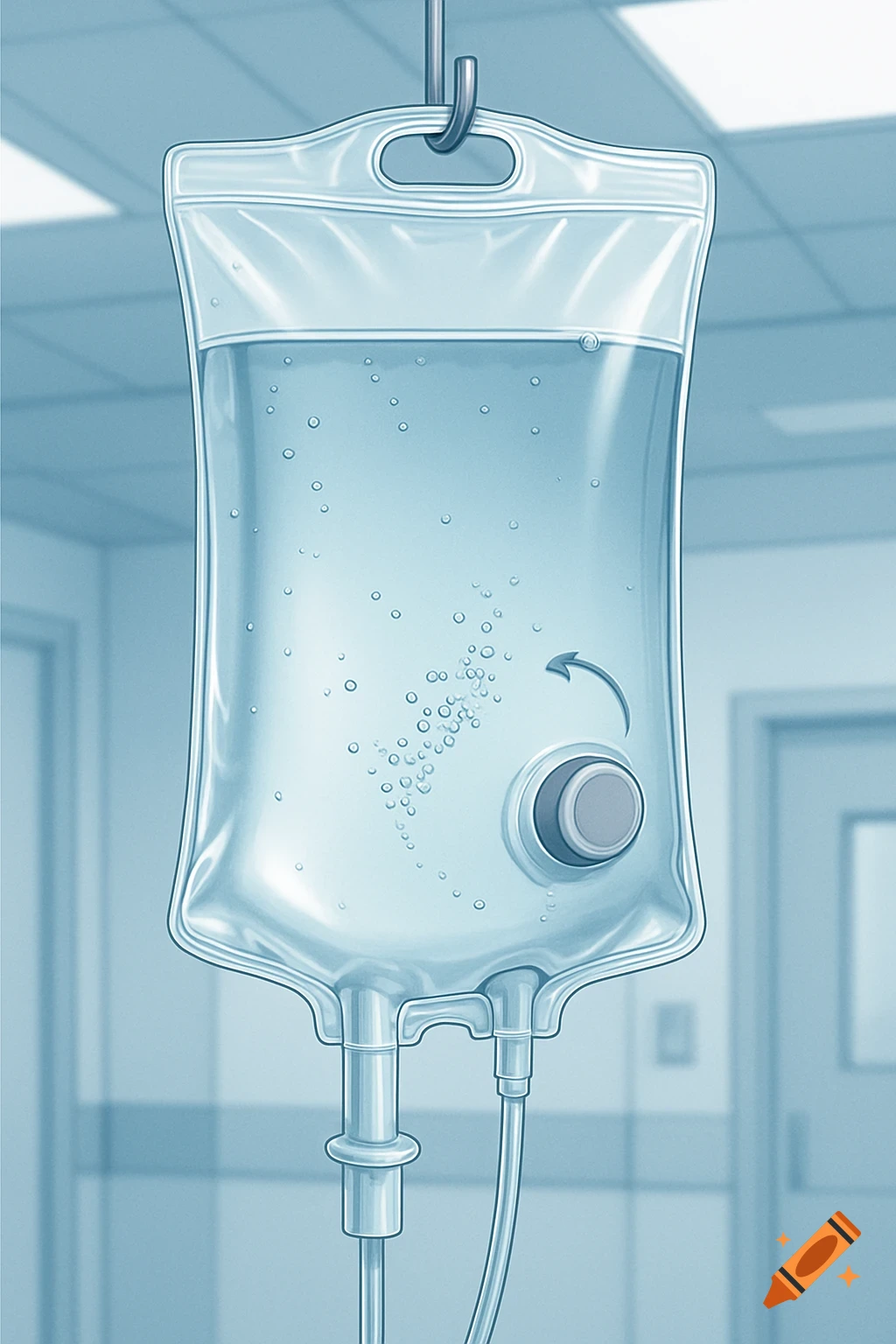 An illustrated intravenous (IV) fluid bag with an injection port, clear liquid, and bubbles, suspended in a hospital room.