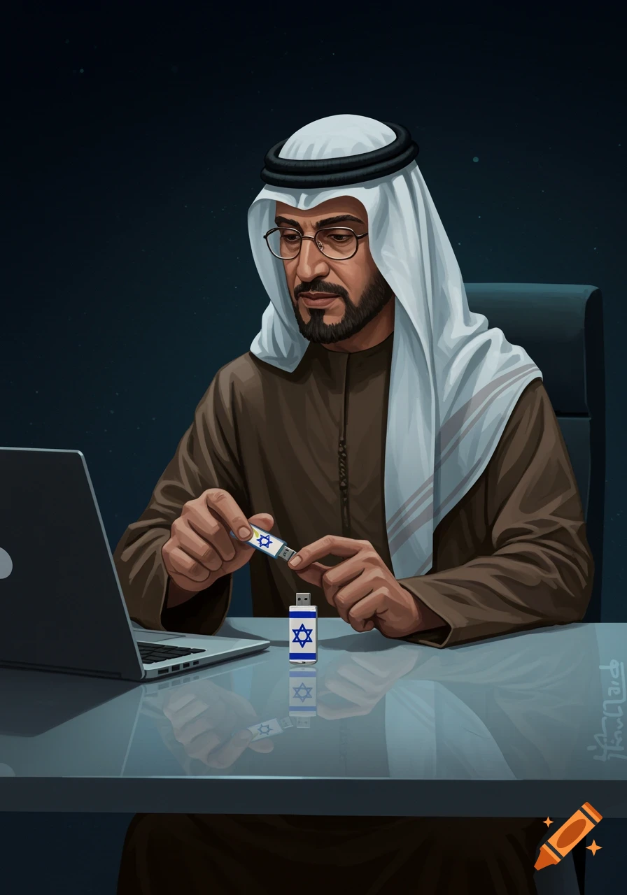 An Arab man in traditional attire sits at a desk, looking down at a laptop while holding a USB stick with an Israeli flag emblem.