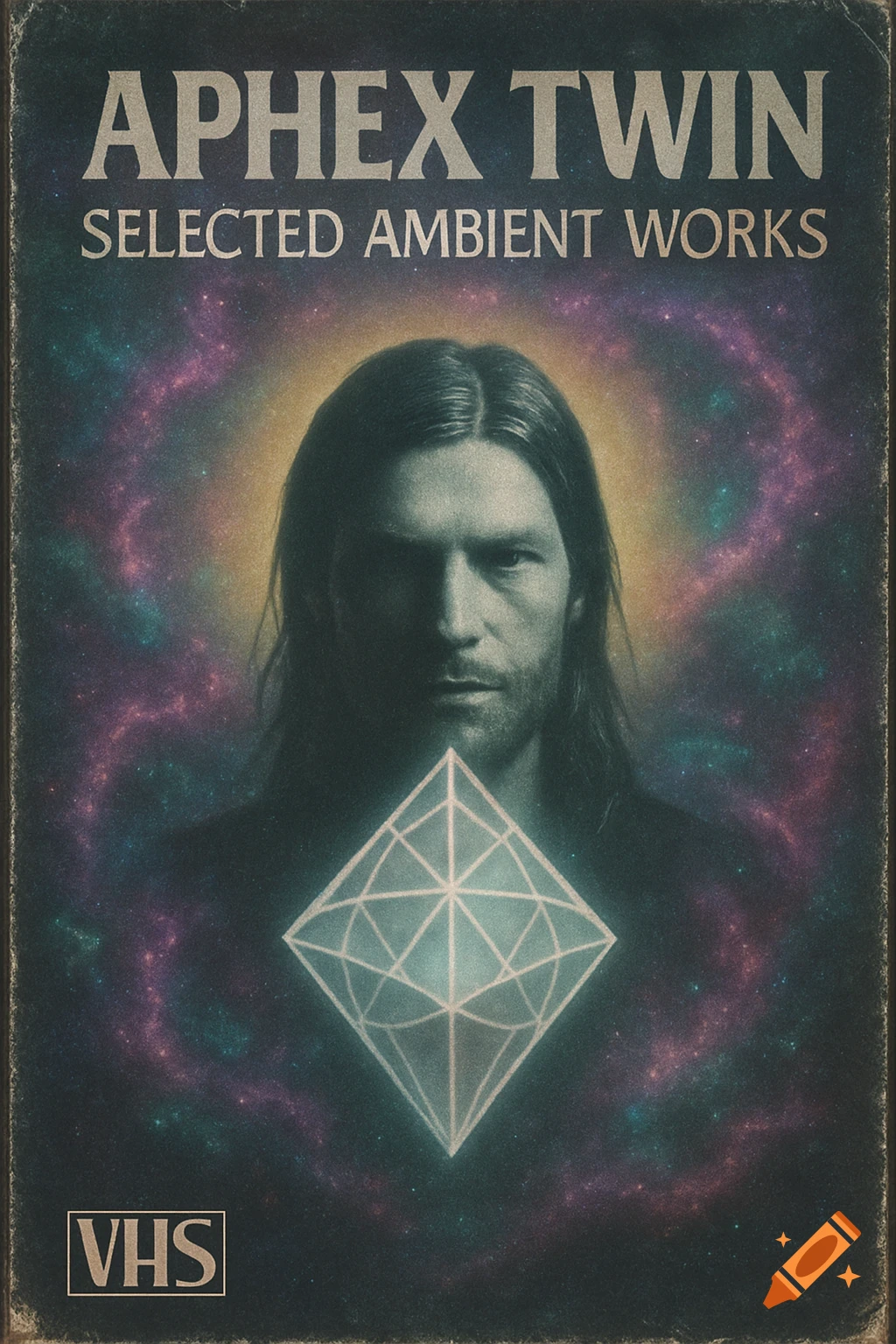 Vintage VHS cover with a man's face, glowing geometric symbol, and cosmic background. Text: Aphex Twin Selected Ambient Works, VHS.