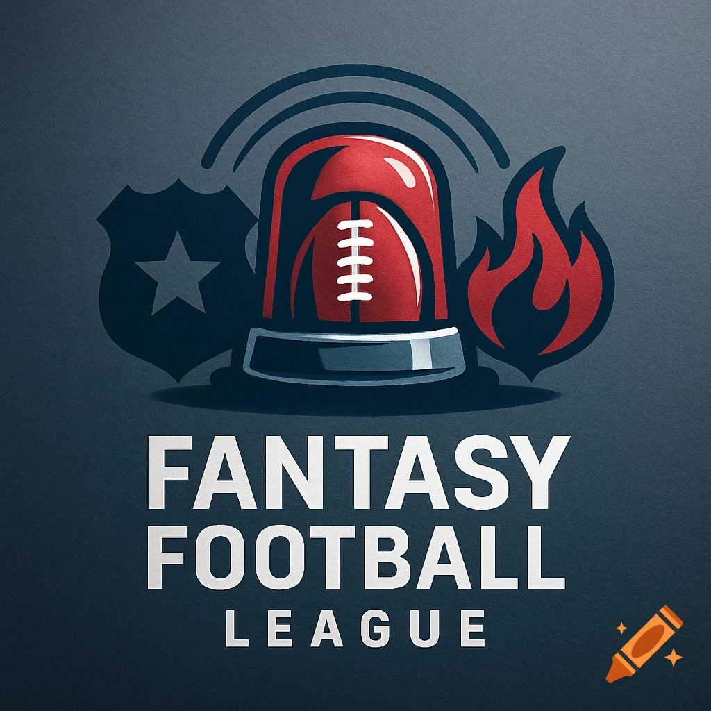 A dark gray background with a logo featuring a red police siren with a white football inside, flanked by a dark police shield and red flames. Text below reads "FANTASY FOOTBALL LEAGUE".