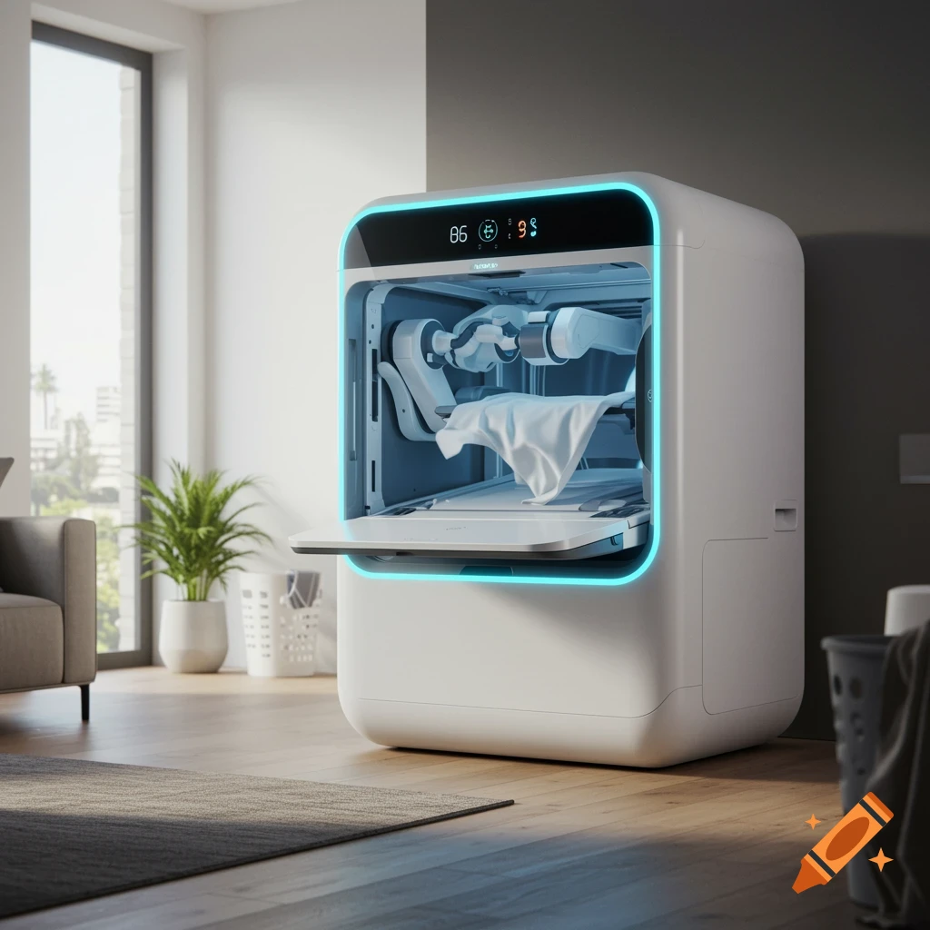 A sleek, futuristic white laundry machine with glowing blue lights features a robotic arm folding laundry inside, set in a modern minimalist living room.