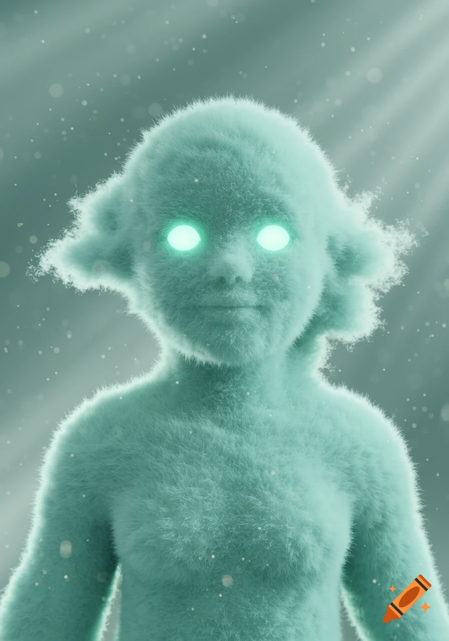 A fluffy, light teal humanoid figure with glowing eyes stands amidst soft light and particles in a dreamlike digital art style.
