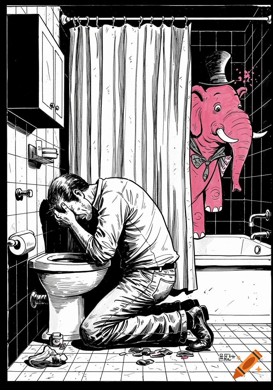 Black and white comic art shows a man kneeling at a toilet in distress, a pink elephant in a top hat peeks from a shower.