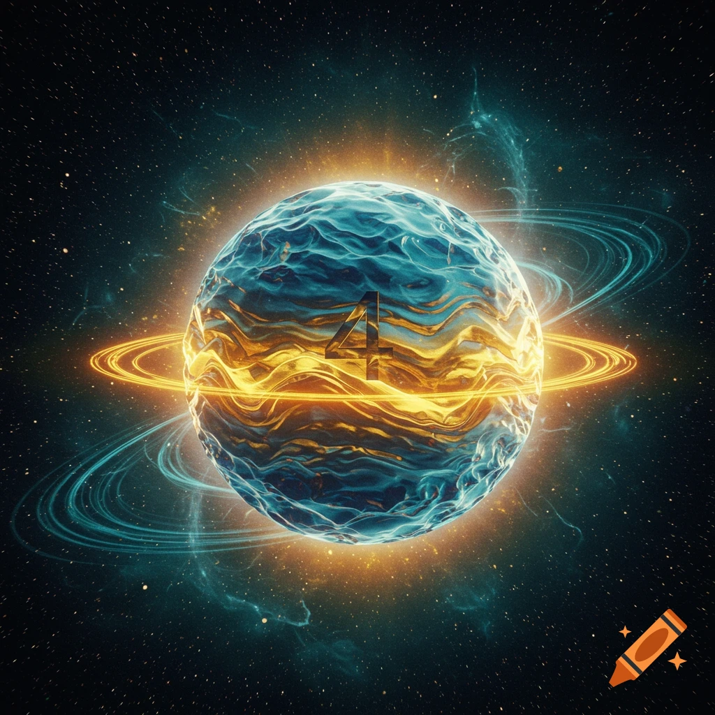 A vibrant, textured planet-like sphere with glowing orange rings and a prominent number '4' on its surface, set in a star-filled galaxy with blue nebulae.