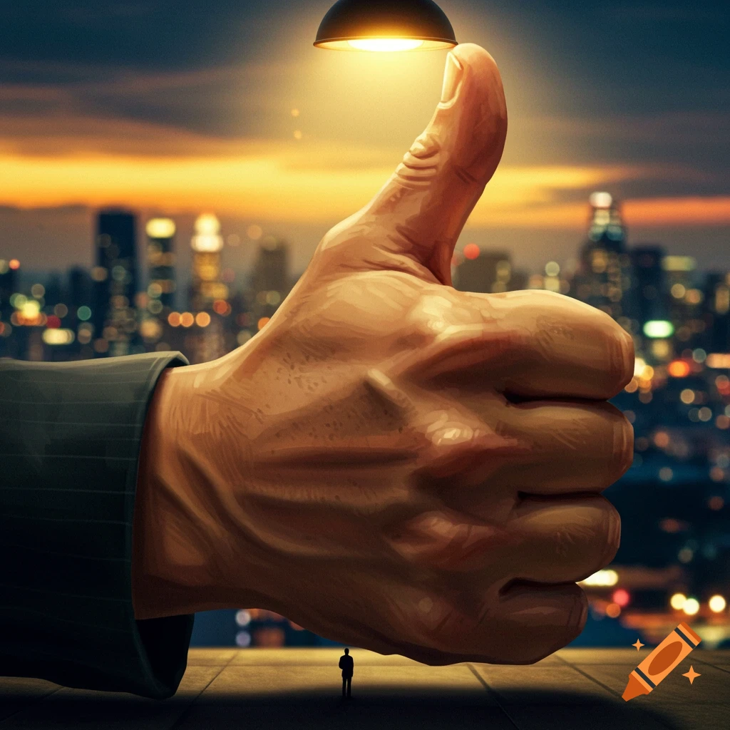 A colossal photorealistic hand gives a thumbs-up gesture against a city skyline at sunset, with a tiny person standing beneath it.