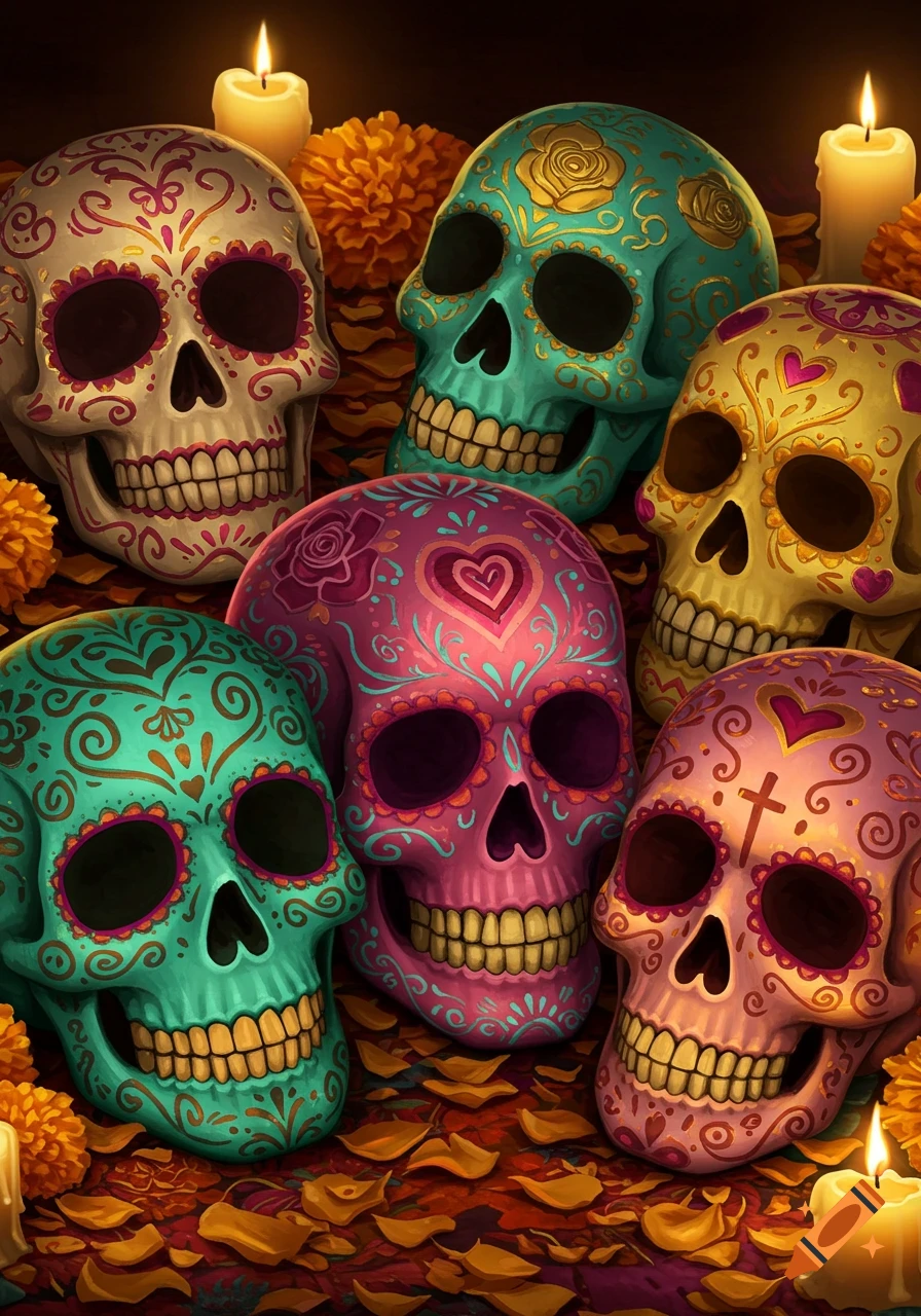 Vibrant, decorative sugar skulls with marigold flowers and candles for Day of the Dead.