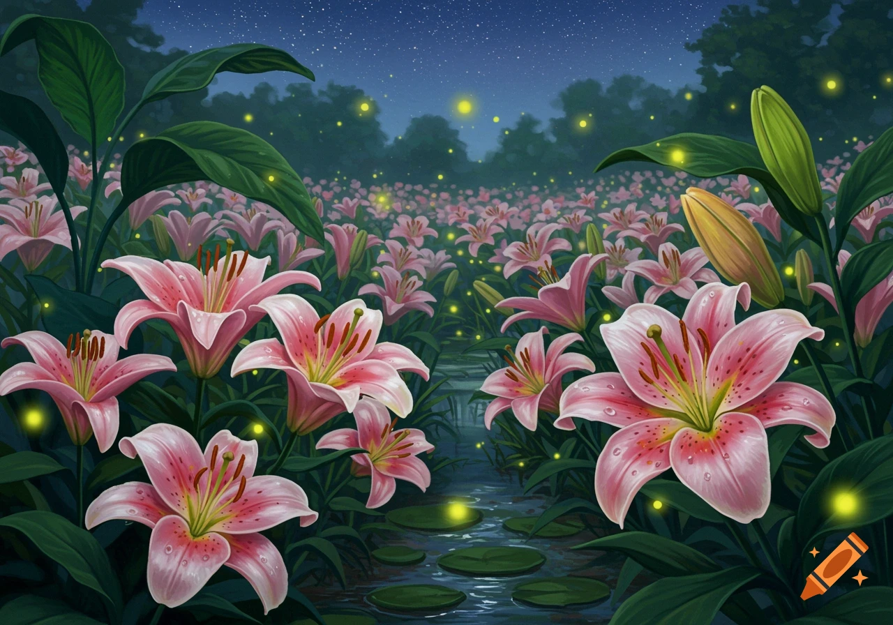 A vibrant lily garden at night, illuminated by numerous glowing fireflies, with a small stream flowing through.