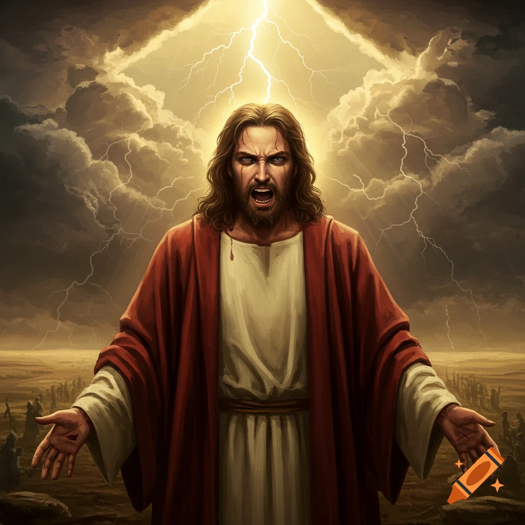 Angry Jesus with arms outstretched, screaming under a dramatic, lightning-filled sky over a barren landscape with distant figures.