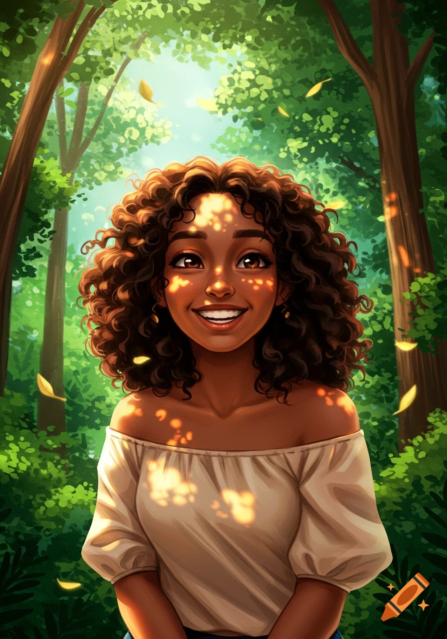 A smiling brown-skinned woman with curly hair looking up in a sunlit forest, digital art.