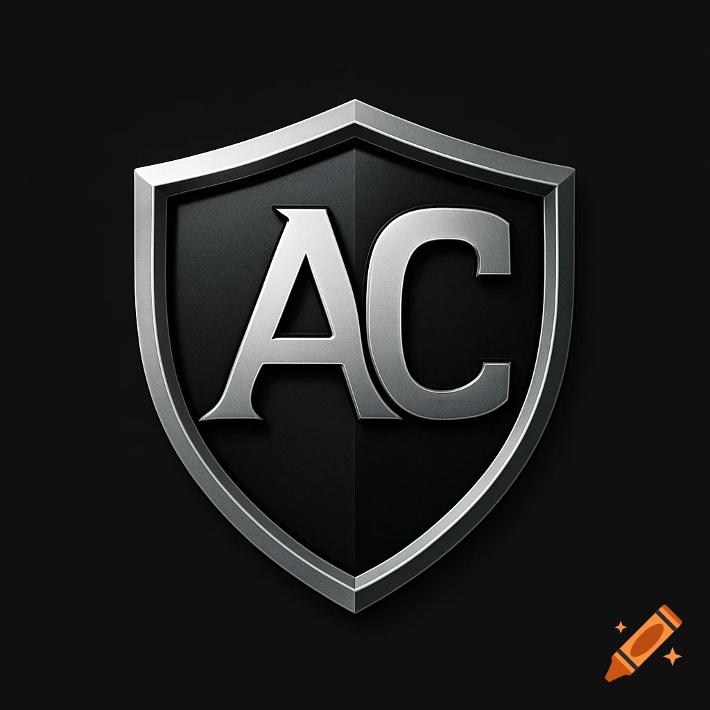 Metallic shield logo with silver letters 'AC' on a dark background.