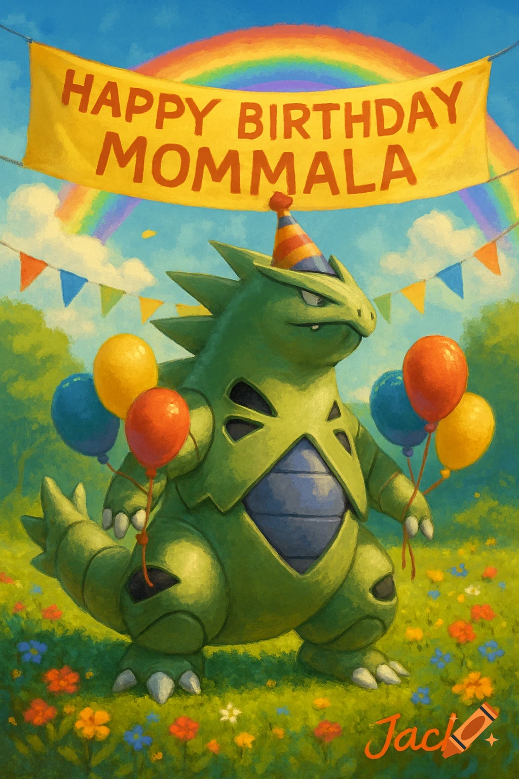 Green Tyranitar in a party hat holding balloons in a flower field under a rainbow and a 'Happy Birthday Mommala' banner. Painted style.
