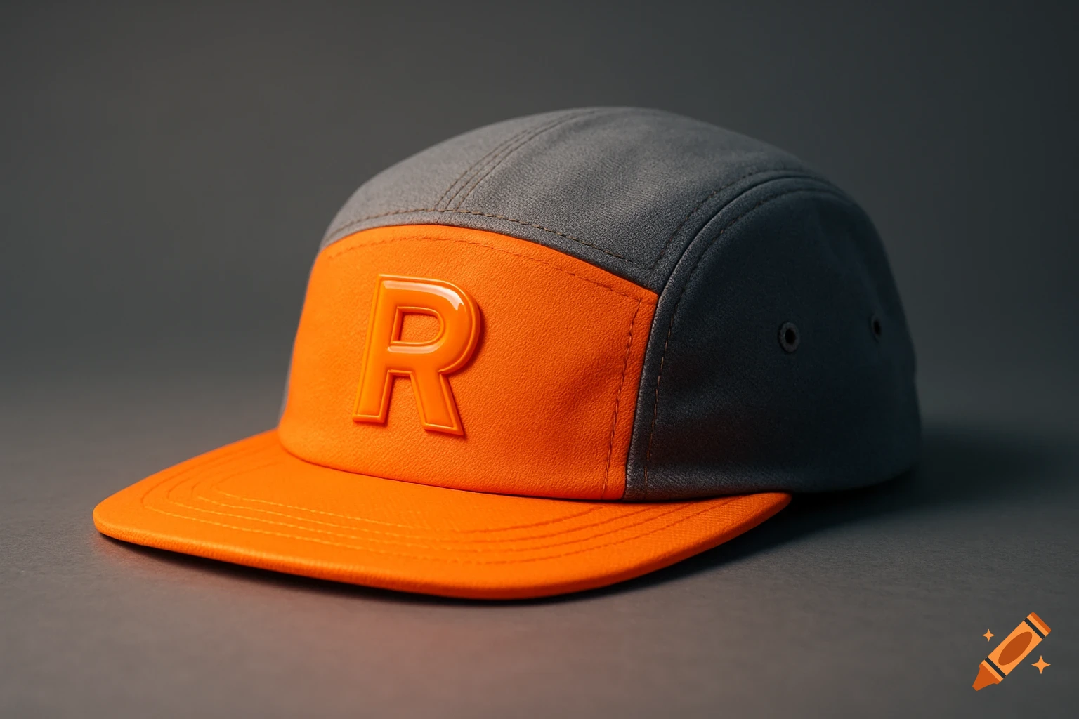 A grey and fluorescent orange 5-panel hat with a glossy orange R logo on the front, rendered photorealistically.