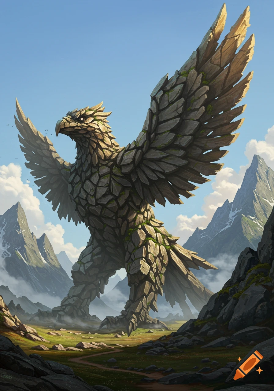 A massive eagle-shaped creature made of rocks stands in a vast mountain valley under a clear blue sky.