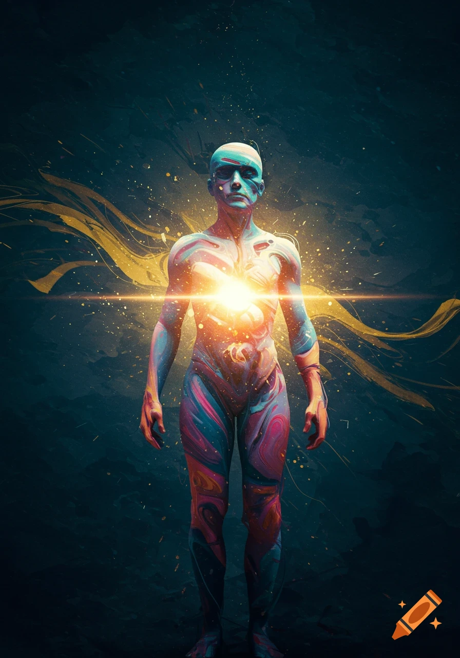 Abstract human figure with glowing chest, colorful swirling patterns, and golden light streaks on a dark background.