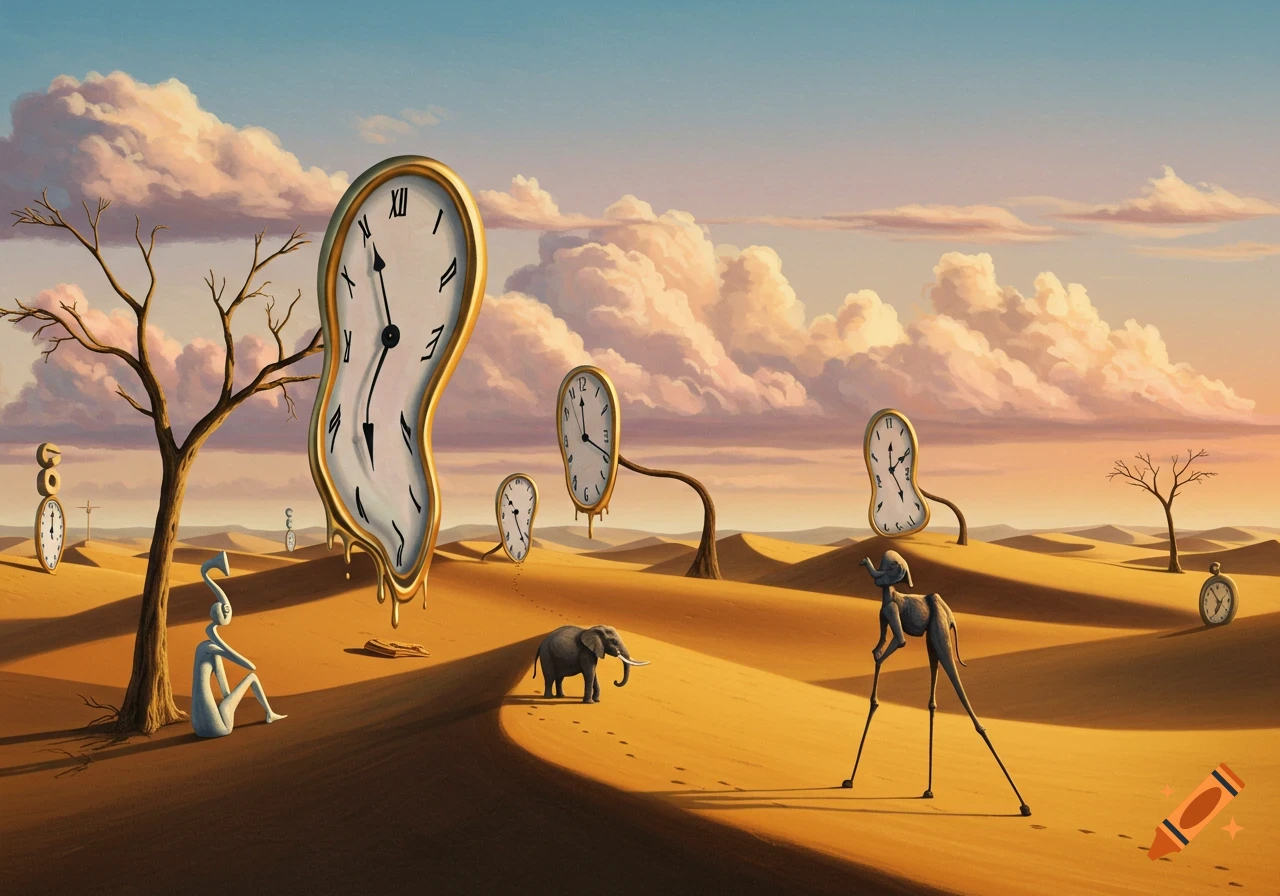 A surreal desert landscape with melting clocks, a long-legged elephant, and a seated figure under a barren tree, in the style of Salvador Dalí.