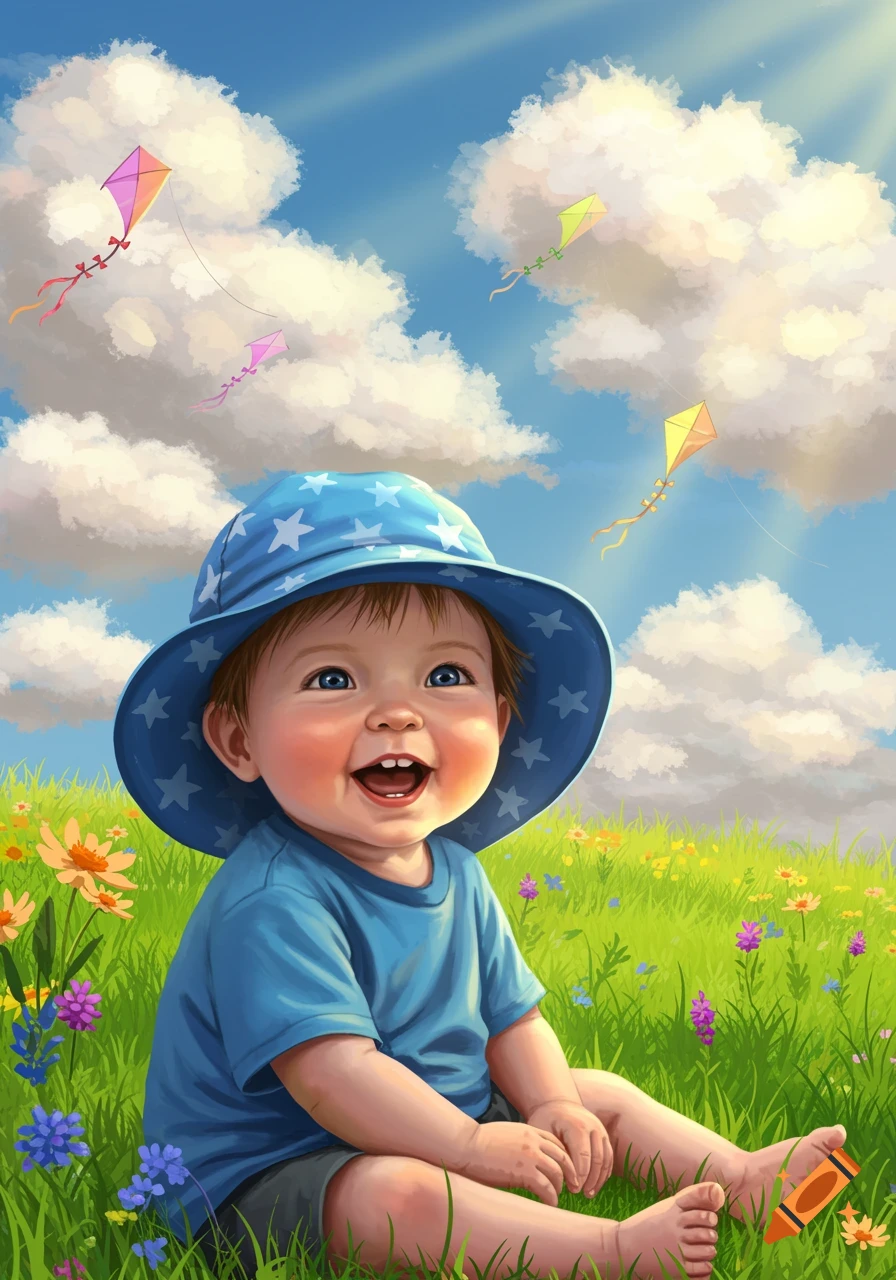 Happy baby in a blue sun hat, sitting in a green meadow with wildflowers under a blue sky with kites. Illustrated style.