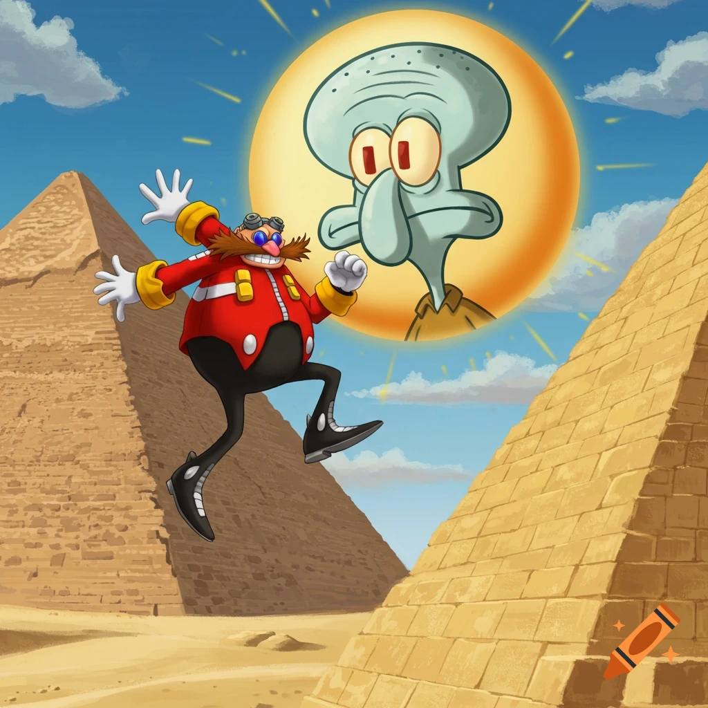 Dr. Eggman leaps through a desert landscape with pyramids, as Squidward's face appears as the sun in the sky.
