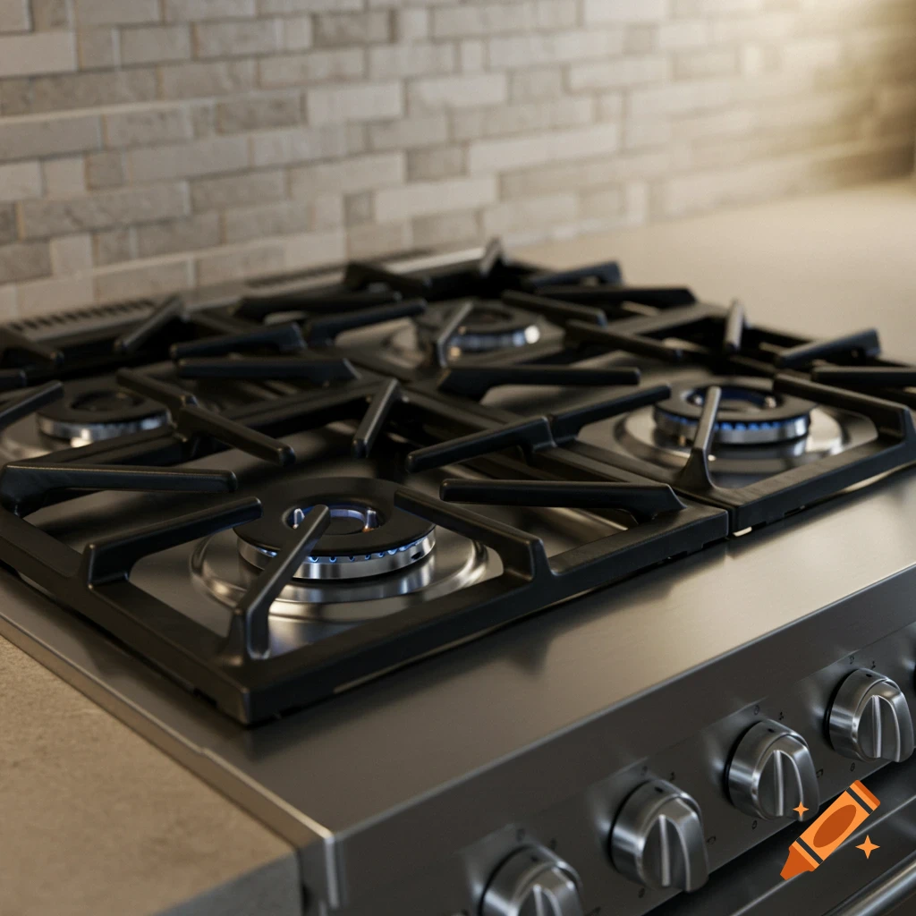 Photorealistic close-up of a stainless steel gas stovetop with four lit burners and a tiled backsplash.