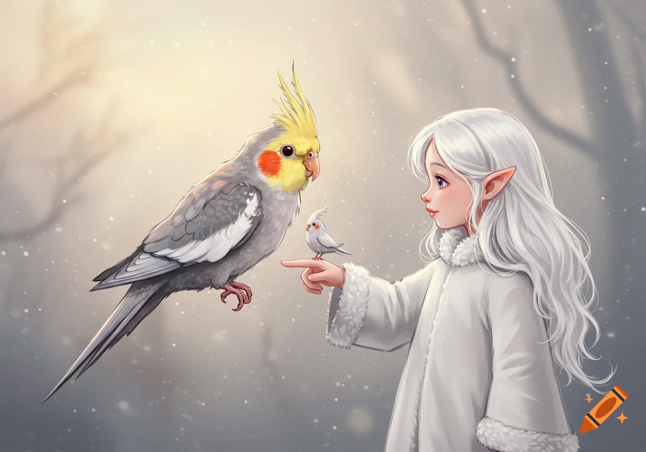 An adorable elf girl with long white hair and pointy ears, wearing a white fur-trimmed coat, interacts with two cockatiels.