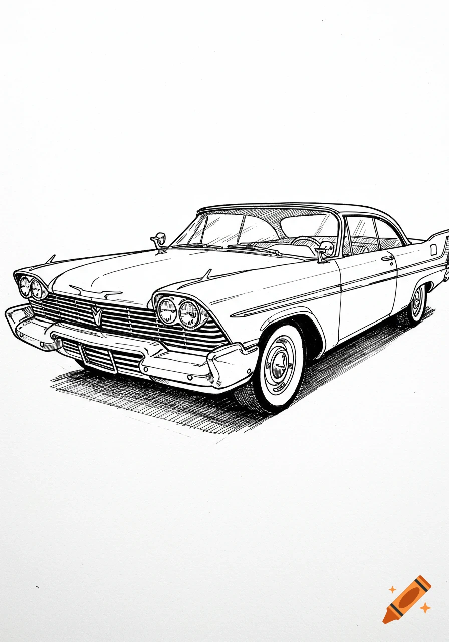 Black and white line art sketch of a vintage 1957 Plymouth Fury car.